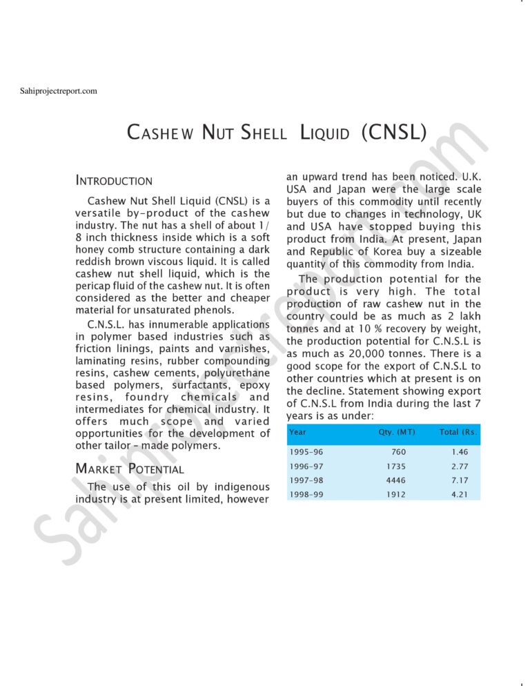 Read more about the article Sahi project report for  CASHE W NUT SHELL LIQUID (CNSL)