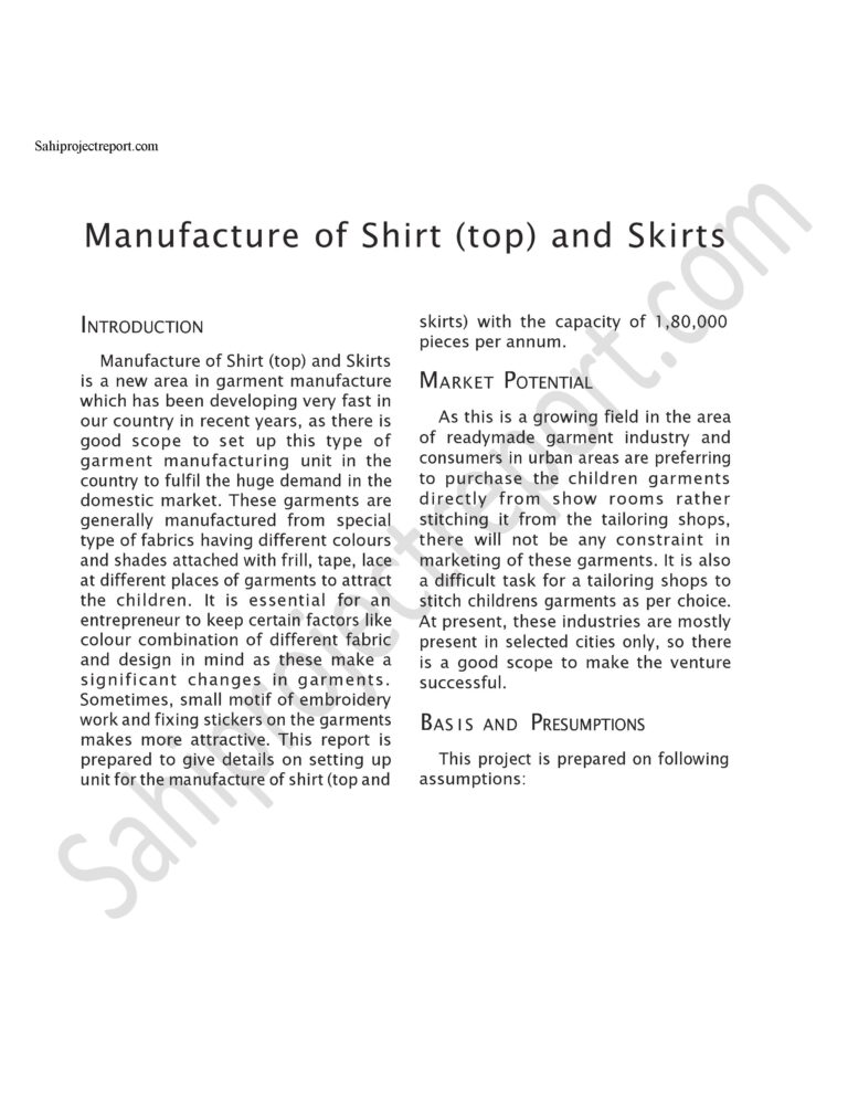 Read more about the article Sahi project report for  Manufacture of Shirt (top) and Skirts